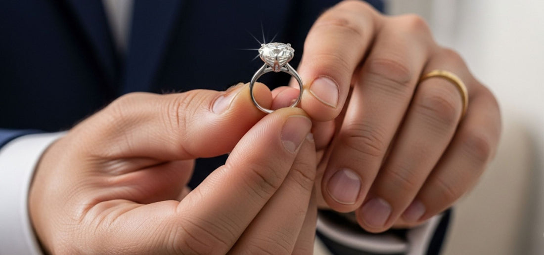 A close-up of a sparkling round brilliant lab-grown diamond engagement ring with a pavé band, set against a blurred background, representing an affordable and luxurious choice for engagement in India.
