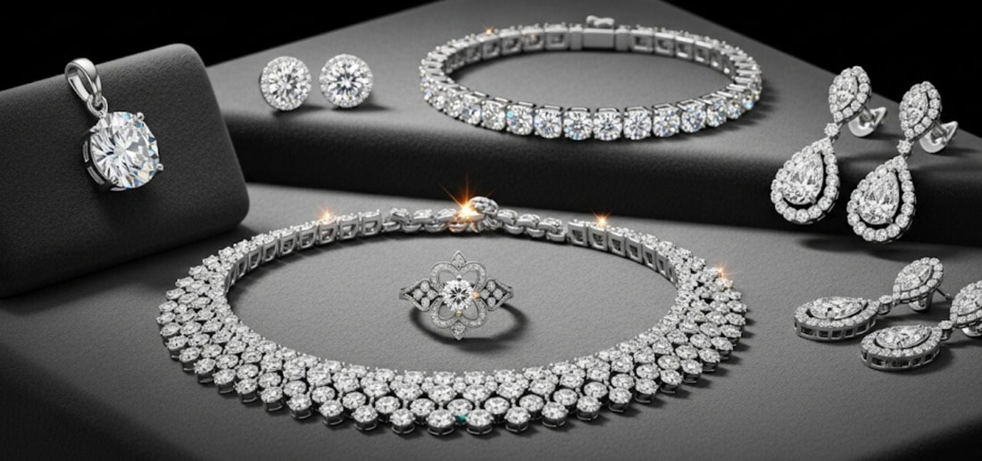 Luxurious lab-grown diamond jewellery set: necklace, earrings, bracelet, and ring, showcasing affordable and ethical diamond options for India.