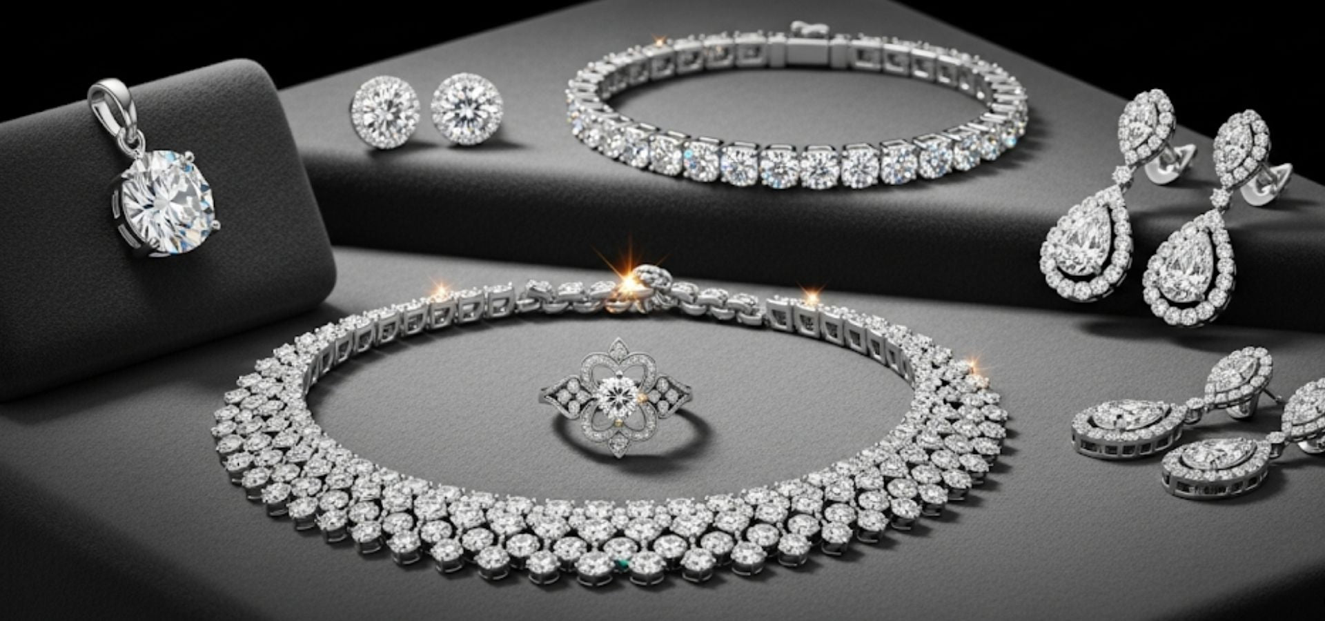 Luxurious lab-grown diamond jewellery set: necklace, earrings, bracelet, and ring, showcasing affordable and ethical diamond options for India.