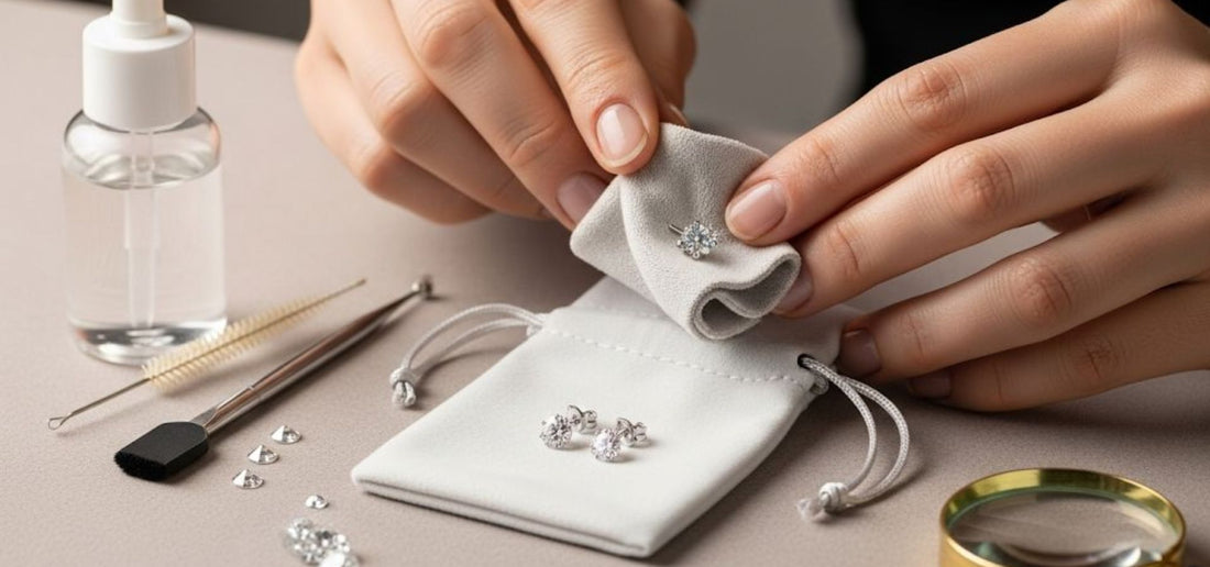 A pair of hands gently polishing a sparkling lab-grown diamond earring with a soft cloth, demonstrating the care and maintenance of lab-grown diamond jewellery with Xazina.