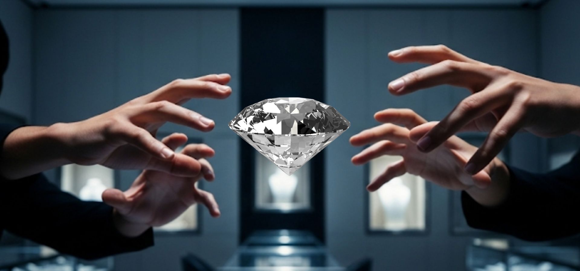 Hands reaching for a sparkling natural diamond in a high-end showroom, symbolizing conflict diamonds, ethical diamond sourcing, and the controversy surrounding natural diamonds in 2025.