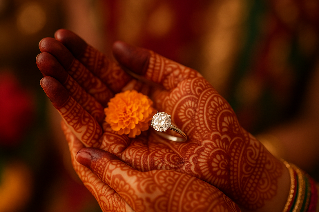 The hand is decorated with intricate henna, and a brilliant lab-grown diamond ring is worn on a finger, contrasting traditional festive elements with a modern jewellery choice.