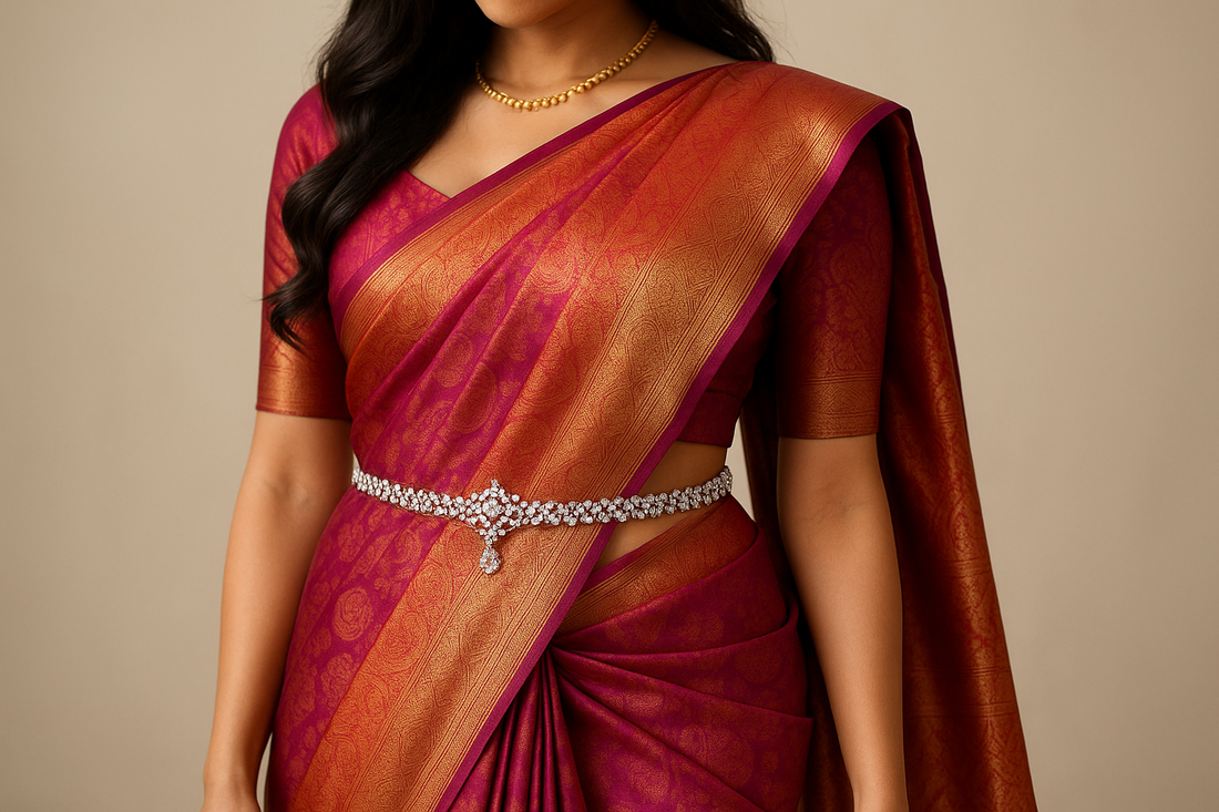 picture of a woman wearing a traditional Indian saree. A delicate, sparkling kamarbandh with lab-grown diamonds is cinched around her waist