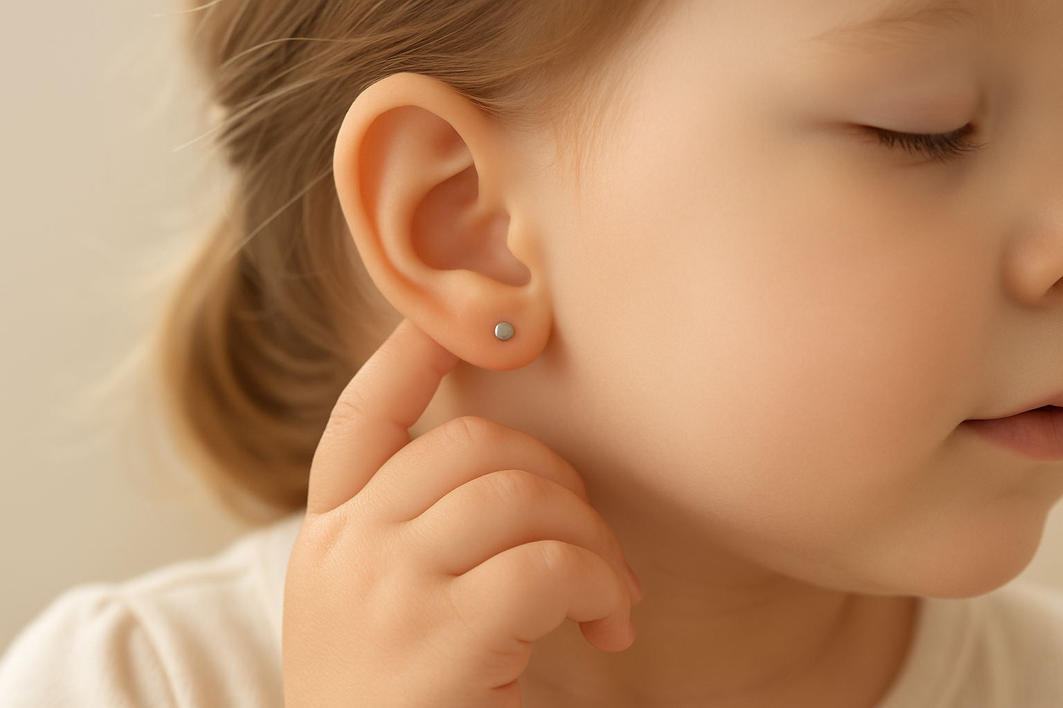 A child's hand wearing a delicate, simple titanium stud earring, symbolizing comfortable and allergy-safe jewellery for sensitive young skin.