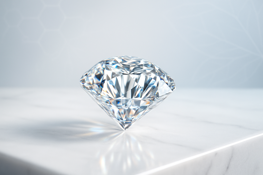 A close-up, high-resolution photograph of a sparkling round-cut lab-grown diamond. The diamond's facets catch the light, and the background is a smooth, elegant grey, emphasizing its brilliance and quality.