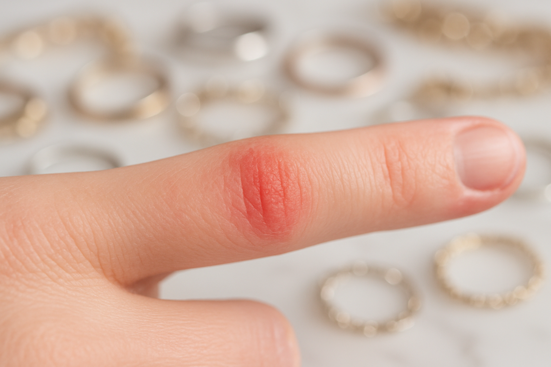 A close-up of a finger showing a mild red rash where a ring was worn, with a blurred background of various jewellery pieces, symbolizing skin irritation from jewellery allergies.