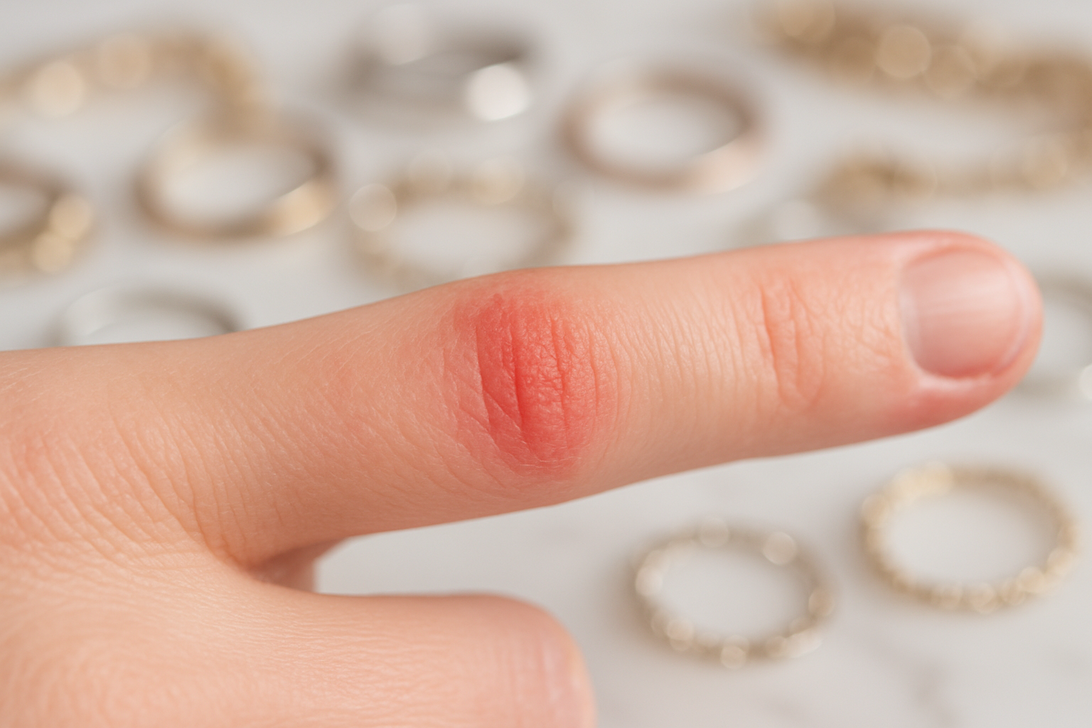 A close-up of a finger showing a mild red rash where a ring was worn, with a blurred background of various jewellery pieces, symbolizing skin irritation from jewellery allergies.