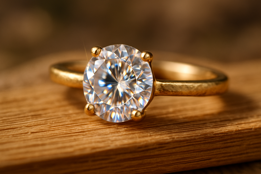 A close-up of a sparkling lab-grown diamond ring set in recycled gold, placed on a textured, eco-friendly surface, symbolizing the future of sustainable and ethical jewellery from Xazina.