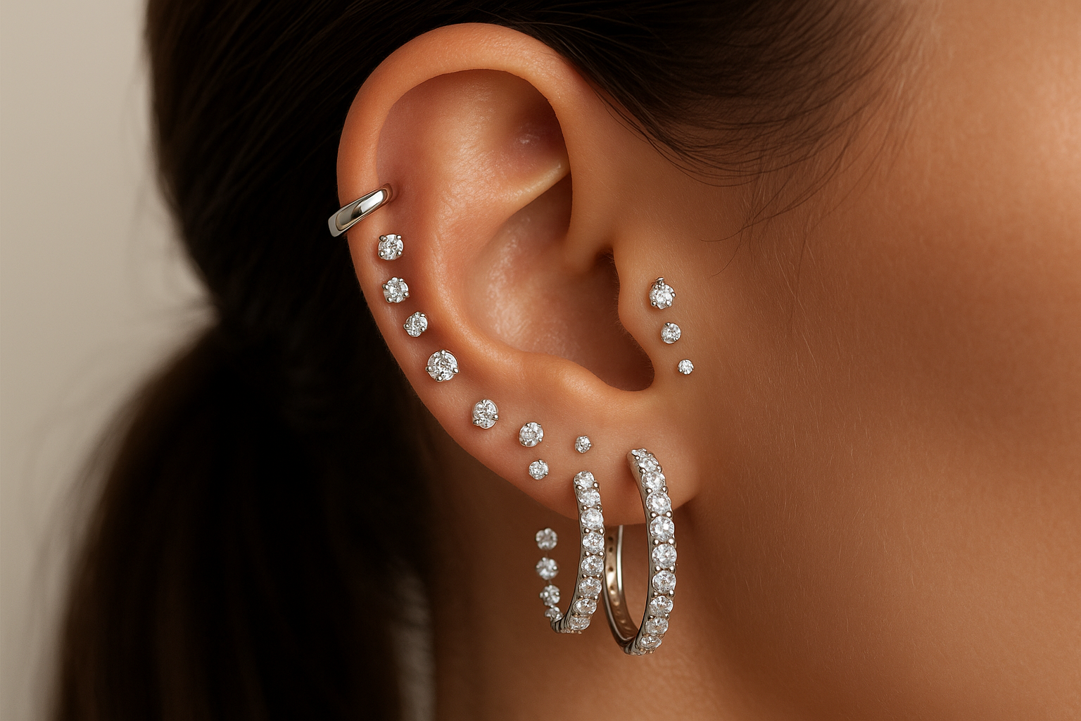 A close-up of an ear adorned with a stylish ear cuff and several delicate lab-grown diamond studs and hoops, showcasing a curated multi-piercing look and the artistic flair of Xazina jewellery.