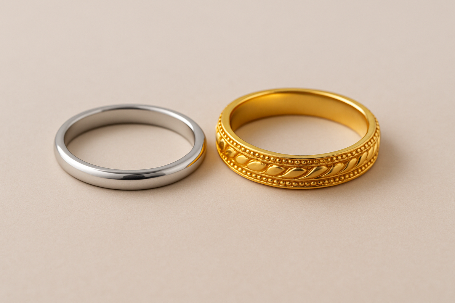 A delicate platinum ring and a high-karat gold ring side-by-side on a neutral background, symbolizing the choice between these metals for sensitive skin in fine jewellery.