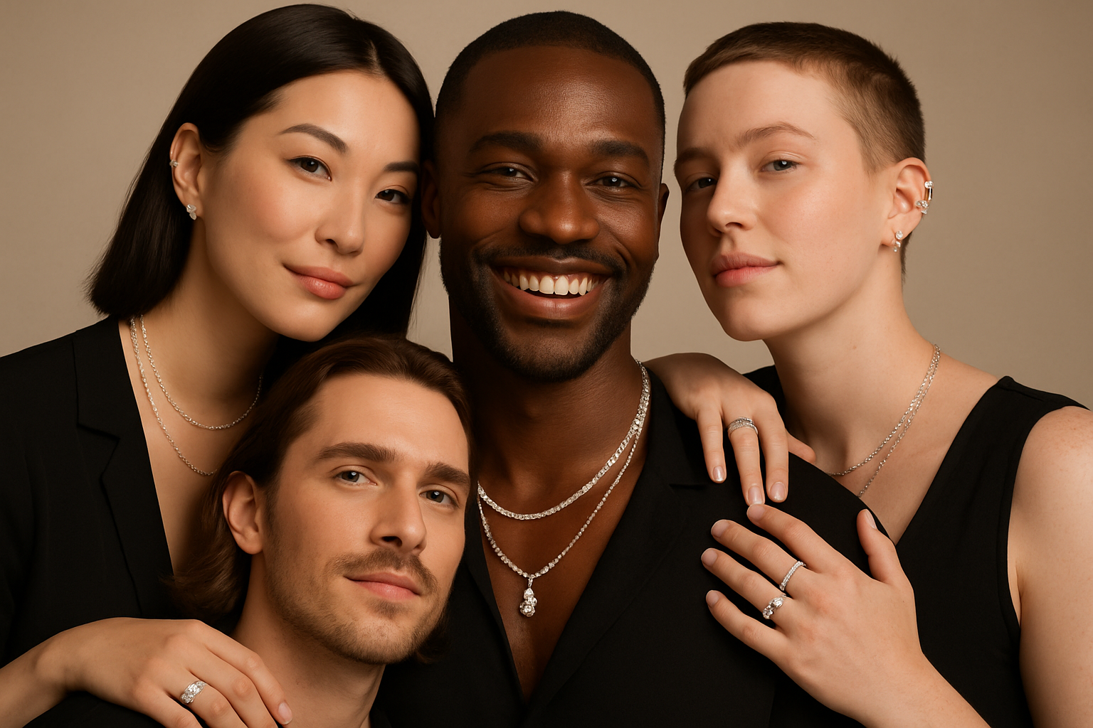 A diverse group of individuals (men, women, non-binary) confidently wearing a mix of sparkling lab-grown diamond jewellery, including rings, necklaces, and ear cuffs, symbolizing gender-fluid style and Xazina's inclusive designs.