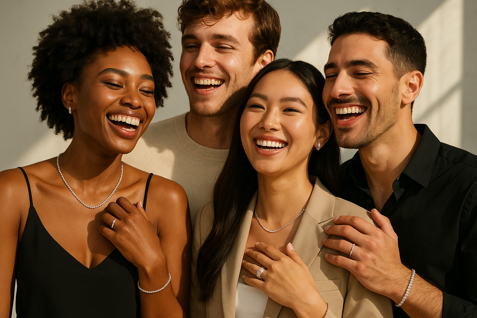 A diverse group of young, modern individuals (Gen Z and Millennials) happily wearing sparkling lab-grown diamond jewellery, symbolizing their conscious choice for ethical brilliance, as offered by Xazina.