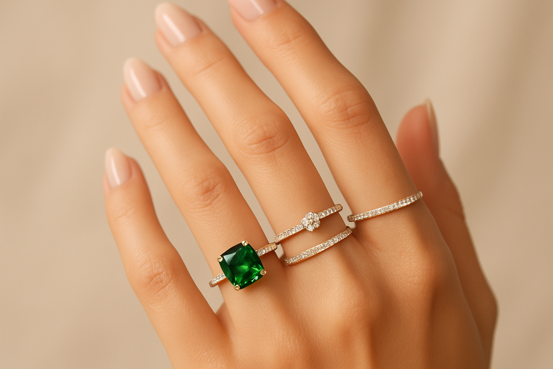 A hand wearing a vibrant emerald ring on the pinky finger, with subtle sparkling lab-grown diamond rings on other fingers, symbolizing the blend of traditional gemstone placement and modern ethical jewellery from Xazina.