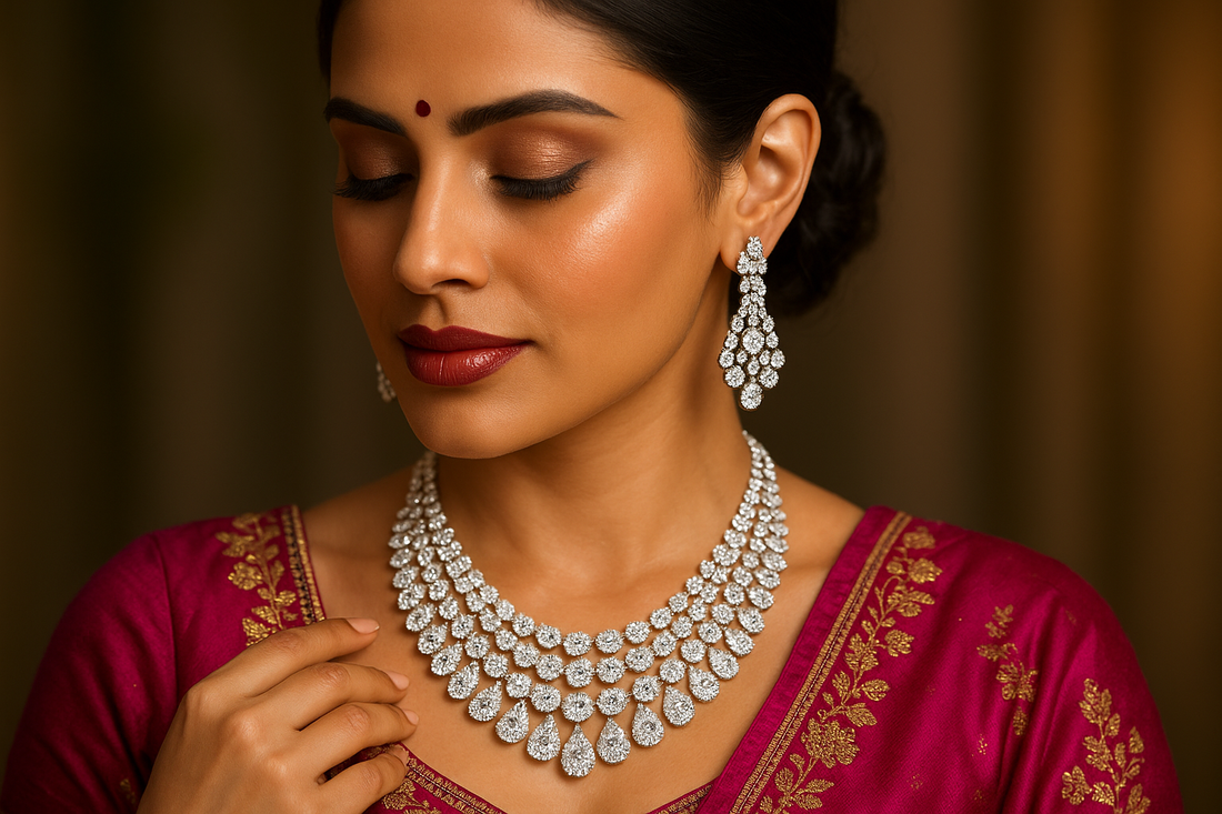 A professional studio  Her neckline and ears are adorned with a matching set of sparkling lab-grown diamond jewellery, including an intricate necklace and earrings, highlighting a complete and elegant look.