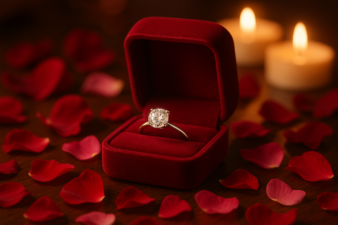 A romantic scene featuring a sparkling Xazina lab-grown diamond engagement ring in a velvet box, with rose petals and soft lighting, symbolizes an unforgettable Valentine's Day proposal.