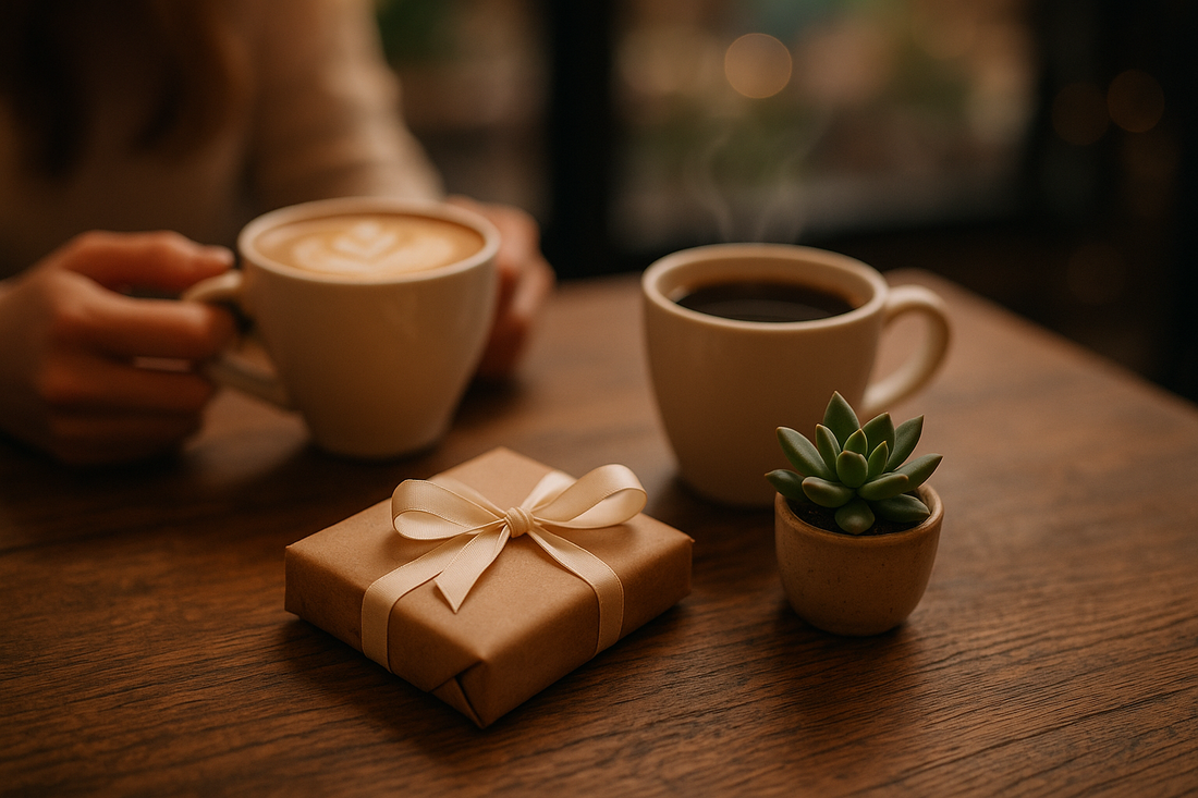 A small, thoughtful gift, such as a beautifully wrapped artisanal chocolate bar or a small succulent plant, subtly placed on a table next to two coffee cups, symbolizing a perfect first date gesture.
