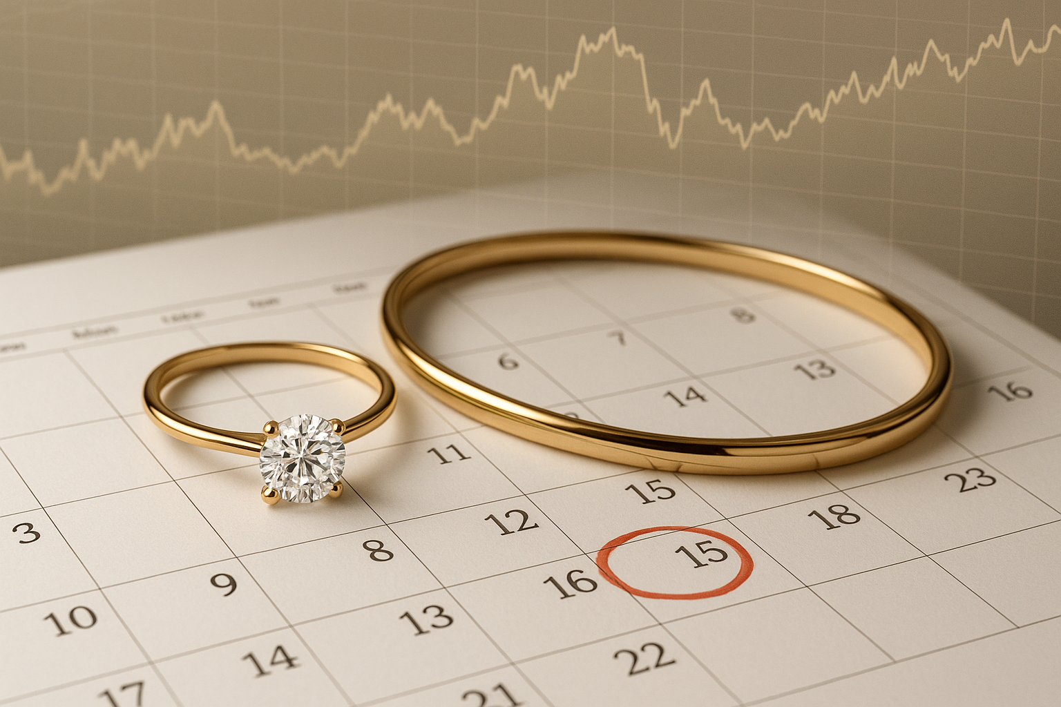 A solitaire diamond ring and gold bangle placed on a desk calendar with a red-circled date, faint gold price graph overlay. 