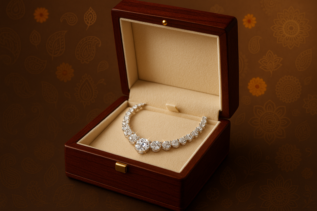 set against a warm, festive Indian backdrop with decorative patterns and soft lighting, representing a modern Dhanteras celebration.
