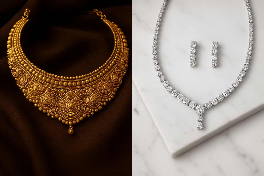  The left side features a traditional, ornate gold necklace, while the right side displays a modern set of lab-grown diamond jewellery, including a necklace and earrings, set against a dark background to emphasize their brilliance.