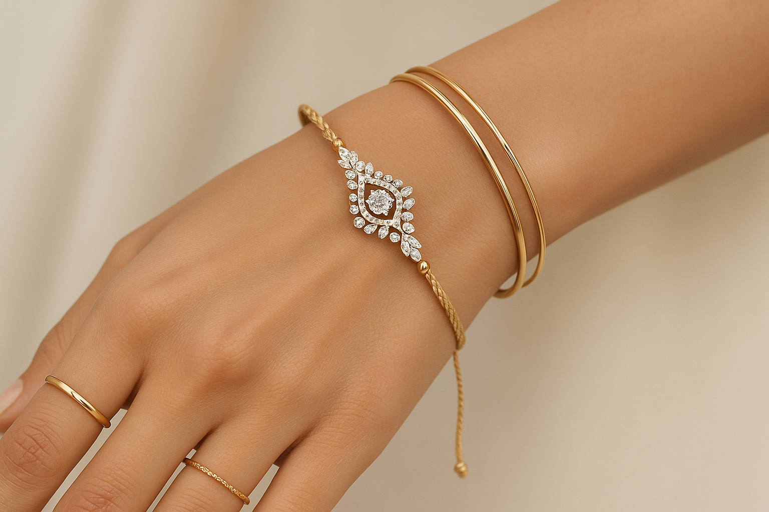 A woman's hand wearing a delicate Xazina lab-grown diamond rakhi bracelet, styled with other everyday jewellery on her wrist.