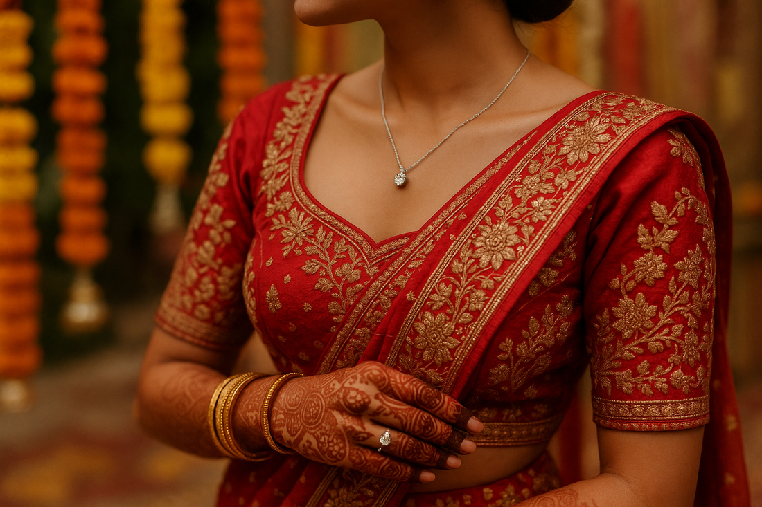 Modern bride wearing elegant lab-grown diamond jewellery on her wedding day, including an engagement ring and matching pendant necklace.