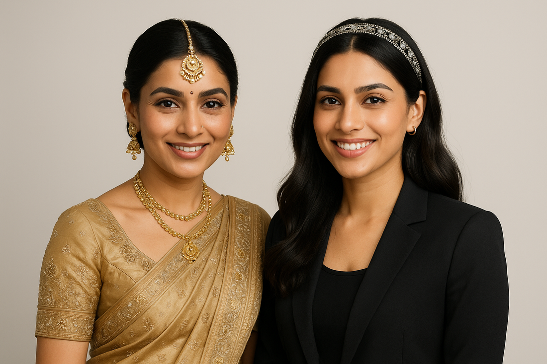 One side shows a traditional look with a beautiful Maang Tikka resting elegantly on a person's forehead, while the other side shows a modern look with a chic, embellished headband, contrasting the two headpieces.