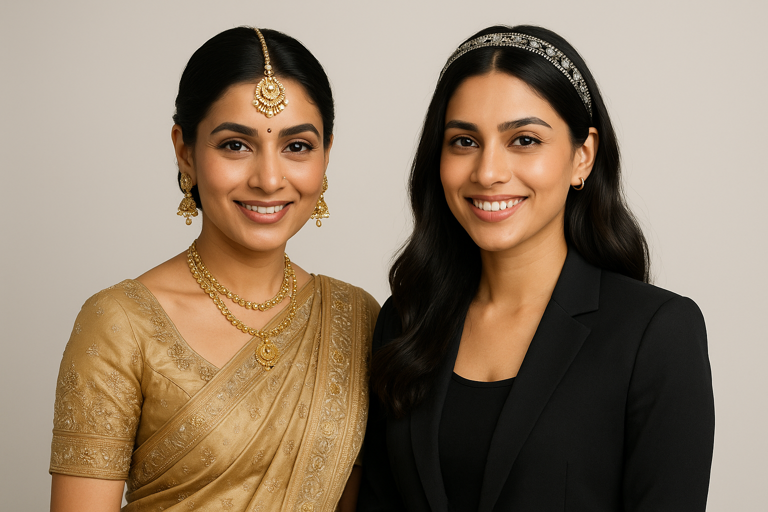 One side shows a traditional look with a beautiful Maang Tikka resting elegantly on a person's forehead, while the other side shows a modern look with a chic, embellished headband, contrasting the two headpieces.