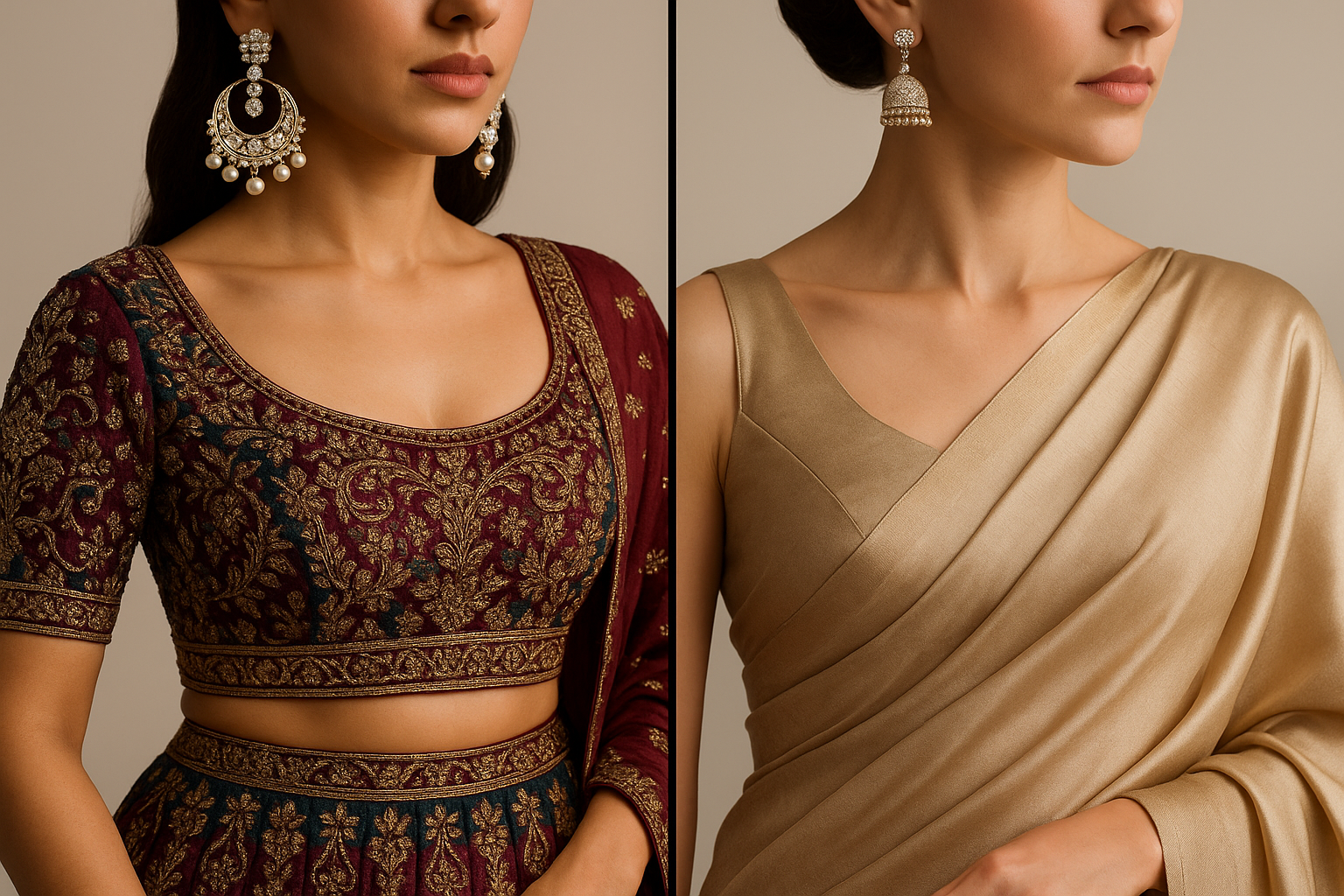A professional photograph split down the middle. On the left, a person is wearing a heavy, embroidered lehenga with large, ornate Chandbali earrings. On the right, a person is draped in an elegant saree with classic, bell-shaped Jhumka earrings. 