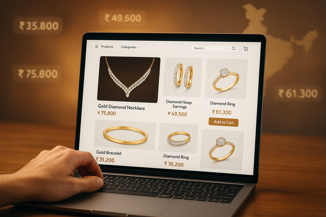 Laptop showing a jewellery product page with a hand browsing, background blurred with price tags and small India outline