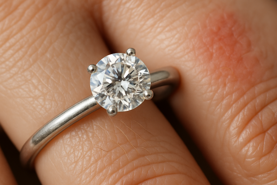 Close-up of nickel-free jewellery (e.g., platinum Xazina lab-grown diamond ring) on smooth skin, contrasting with a subtle rash, symbolizing comfort.
