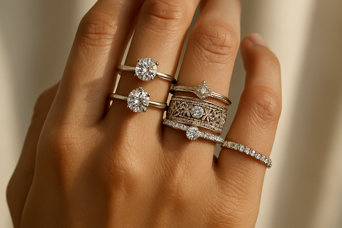 A hand adorned with multiple sparkling lab-grown diamond rings stacked on different fingers, showcasing the art of intentional Indian ring stacking and the brilliance of Xazina jewellery.