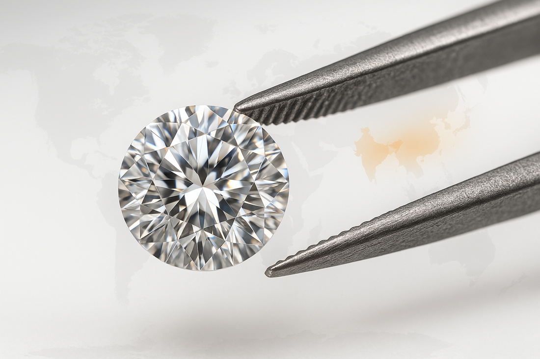 A high-quality lab-grown diamond on jeweller’s tweezers, white background, with subtle world map and India highlighted
