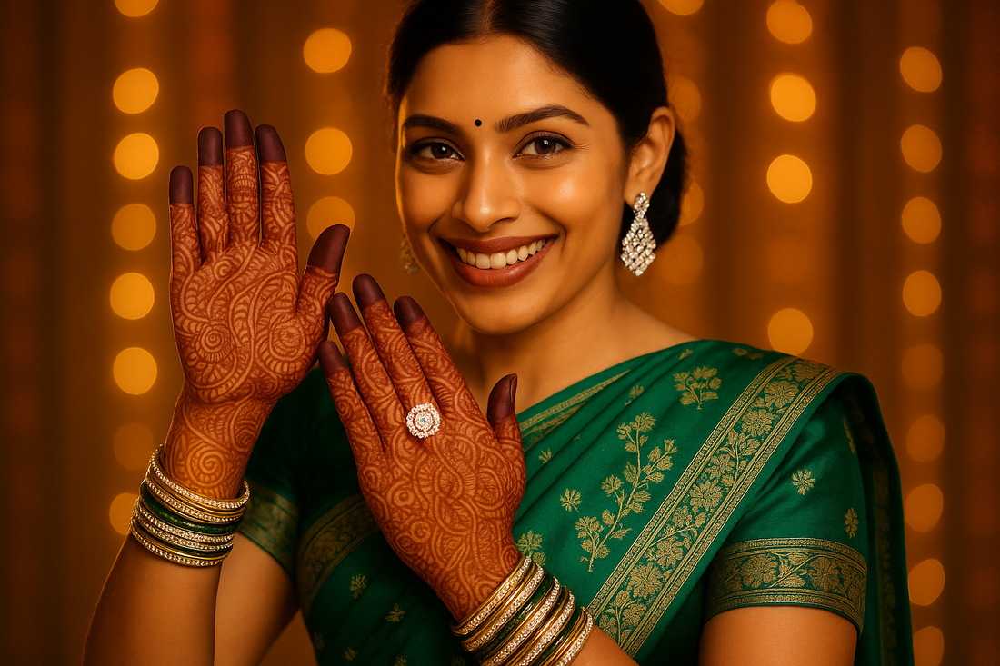 A close-up photograph of a woman's hands adorned with intricate henna designs, wearing a mix of traditional gold bangles and modern, sparkling lab-grown diamond bracelets, set against the backdrop of a festive green saree.
