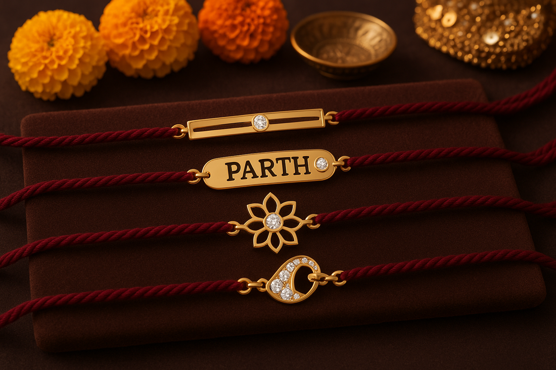 A collection of trending Xazina lab-grown diamond Rakhi designs, including minimalist, personalized, and convertible styles, for Raksha Bandhan 2025.