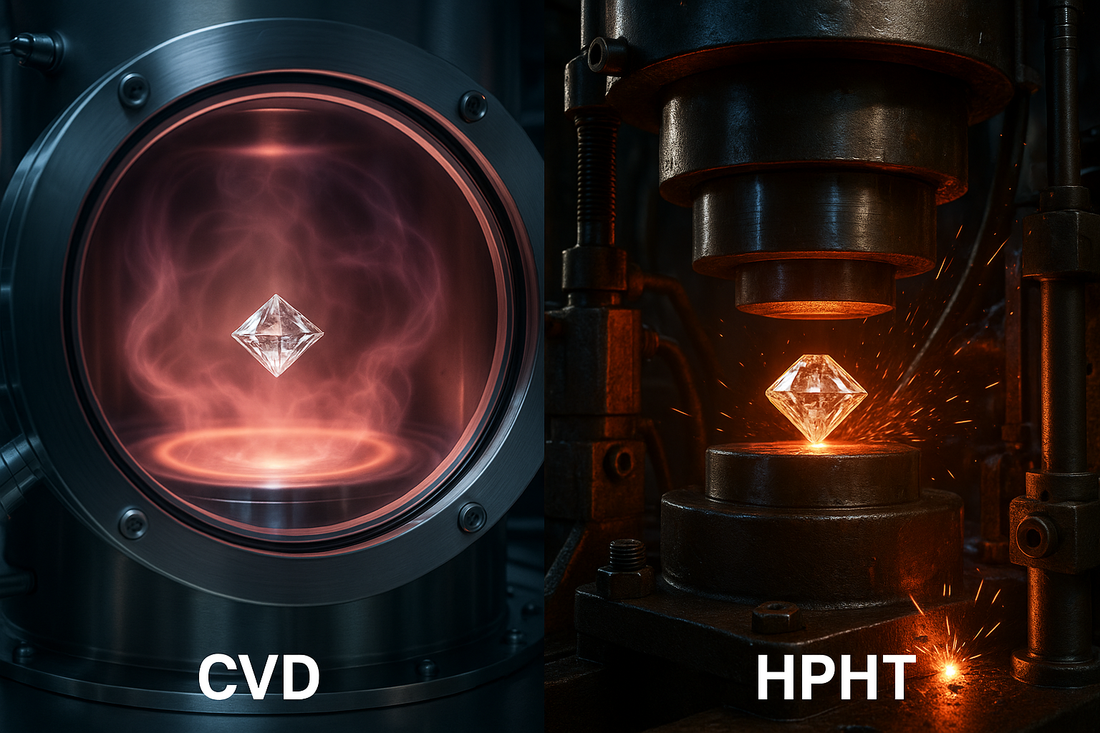The left side depicts a diamond seed in a vacuum chamber with glowing plasma, representing the CVD process. The right side shows a diamond forming inside a high-pressure, high-temperature press, illustrating the HPHT method. 