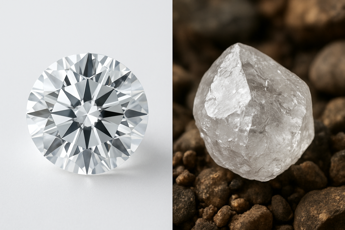 The left side shows a perfectly polished lab-grown diamond on a clean white surface, and the right side shows a raw, rough natural diamond on a bed of stones. The image contrasts the two types of diamonds to illustrate their origins.